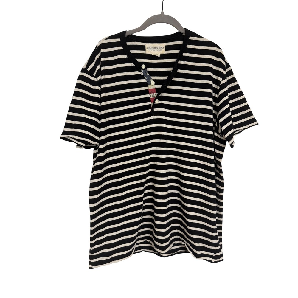 Denim & Supply Ralph Lauren Mens XL Blue White Striped Henley Flag T-Shirt